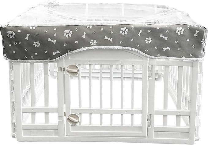 PJYuCien Dog Playpen Mesh Top Cover, Fits 36 Inch 4 Panels Regular Square Plastic Exercise Pet Pen, Adhesive Tape Connections, Grey paw(Note: Cover Only, Fence Not Included)