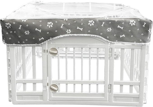 PJYuCien Dog Playpen Mesh Top Cover, Fits 36 Inch 4 Panels Regular Square Plastic Exercise Pet Pen, Adhesive Tape Connections, Grey paw(Note: Cover Only, Fence Not Included)