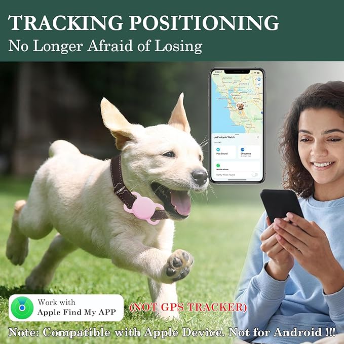 Smart Dog Tracker, Waterproof Pet Location Tracker, MFi Certificated Tracking Device with Collar Holder, No Monthly Fee, Works with Find My,Not GPS Tracker (iOS Only) (Pink)