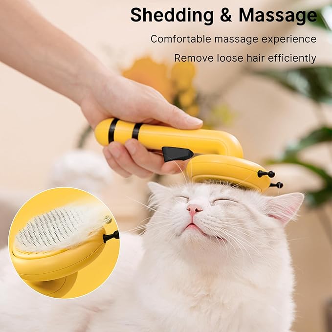 Bee Cat Brush, Self Cleaning Cat Brush with Release Button, Cat Hair Brush for Shedding, Pet Grooming Brush for Short and Long Haired Cats Dogs (Yellow)