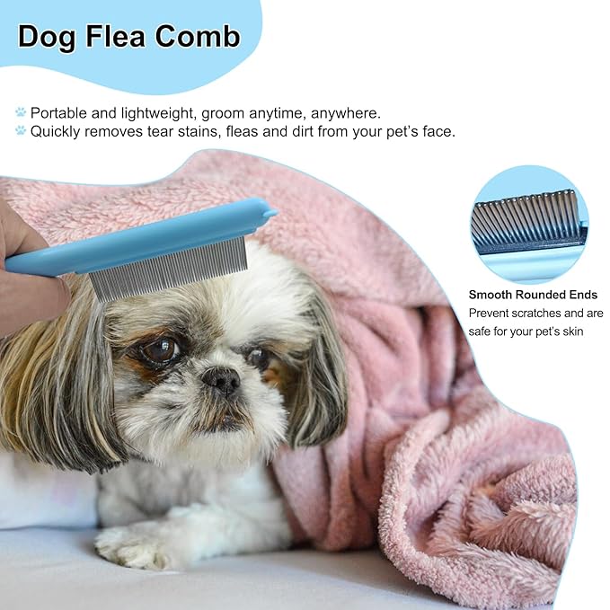 Cute Plastic Dog Comb with Stainless Steel Bristles and Furry Ears Design - Pet Grooming Tool for Removing Dirt and Tangles （Blue）