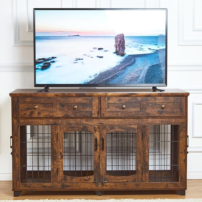 Dog Crate Furniture with 5 Doors, 58" Wooden Dog Kennel End Table with Large Capacity Drawers, Dog House with Openable Divider for Small/Medium/Large Dog,Dog Cage,Side End Table (Rustic Brown)