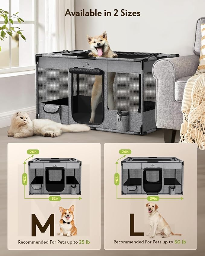 Dog Playpen,Fabric Fence, Portable Soft Cat Kennel Crate,Breathable Exercise Puppy Pen,PVC Pipe Frame,Indoor Outdoor Cage for Large/Medium/Small Animals with Carrying Case(L)