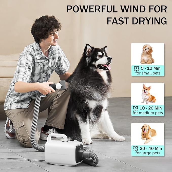 PET Marvel Dog Dryer, High Velocity Pet Blow Dryer for Grooming, Adjustable Temperature and Speed with 3 Nozzles, Professional Force Pet Hairdryer Home Travel