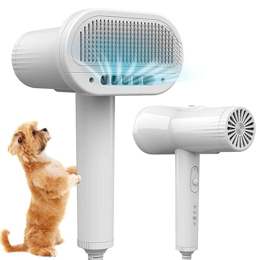 Pet Hair Dryer, 2 in 1 Dog Grooming Hair Dryer with Slicker Brush, Portable and Quiet Hair Dryer with Adjustable 3 Temperatures Settings, for Small and Medium Dogs and Cats - White