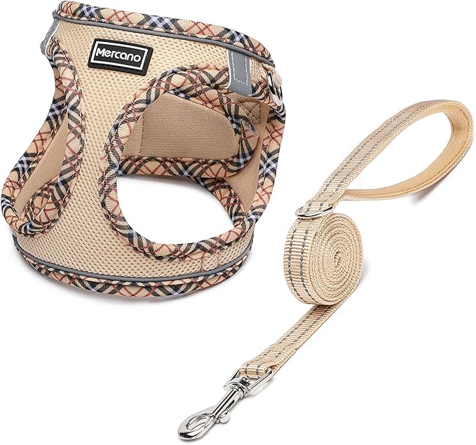 Mercano Soft Mesh Dog Harness and Leash Set, No-Chock Step-in Reflective Breathable Lightweight Easy Walk Escape Proof Vest Harnesses with Safety Buckle for Small Medium Dogs, Cats (Beige, XL)