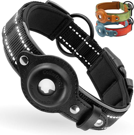 CollarDirect Airtag Dog Collar Reflective Nylon Neoprene Leather Holder for Apple Air Tag for Large, Medium, and Small Dogs (Black, XL, 20-24 Inch)