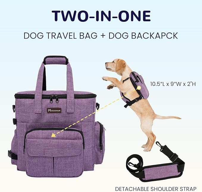 Modoker Dog Travel Organizer Carriers for Supplies & Accessories, Airline Approved Dog Cat Pet Travel Bag, 2 Collapsible Dog Bowls, 2 Travel Dog Food Container, Purple