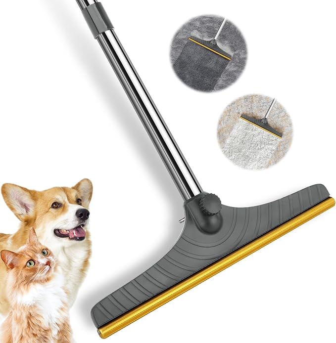 5FT Carpet Rake Pet Hair Remover, Reusable Carpet Rake with Telescopic Handle for Pet Hair Removal Tool Dog Cat Fur Remover Broom for Rugs, Mats, Beds, Stairs (Gray)