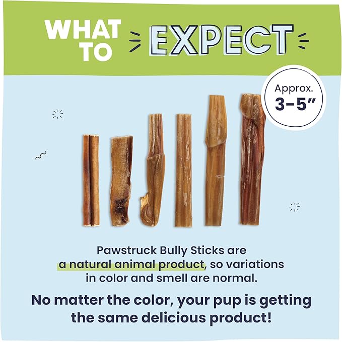 Pawstruck Natural 3-5" Bully Sticks for Small Dogs & Puppies – Single Ingredient, Low Odor & Rawhide-Free Chew Treat Bones - 100% Real Beef No Artificial Preservatives - 8 oz Bag - Packaging May Vary