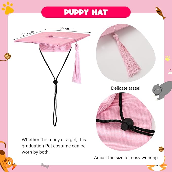 Dog Graduation Cap and Gown, Dogs Cats Graduation Holiday Halloween Costume Accessory(Pink,Small)