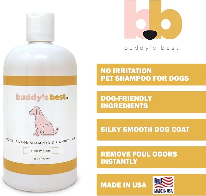 Buddy's Best Dog Shampoo for Smelly Dogs - Dog Shampoo and Conditioner for Dry and Sensitive Skin - Moisturizing Puppy Wash Shampoo, Ripe Melon Scent, 16oz