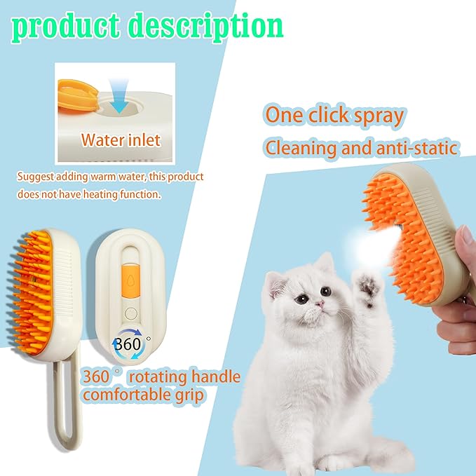 Cat Steam Brush for Shedding with Foldable Handle for Short/Long Haired Pets Spritz Defur Comb for Cats Pet Spray Hair Removal Comb Grooming Tool for Hair Removal & Massage