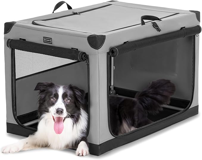 PETSFIT Soft Sided Dog Crate, with Patented Adjustable Fabric Cover, Chewproof & Lockable Mesh Doors, Waterproof Base Kennel Indoor Grey 36 Inch
