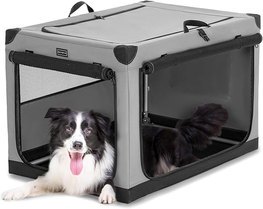 PETSFIT Soft Sided Dog Crate, with Patented Adjustable Fabric Cover, Chewproof & Lockable Mesh Doors, Waterproof Base Kennel Indoor Grey 36 Inch