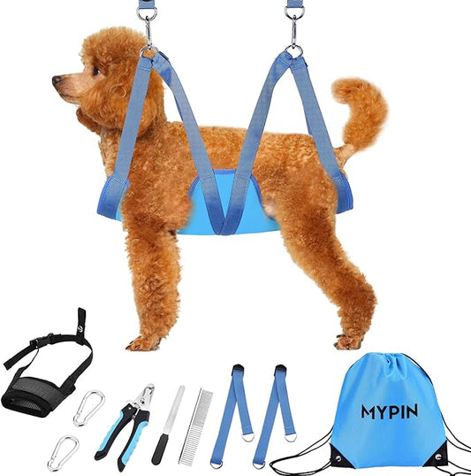 Dog Grooming Hammock, Pet Grooming Harness for Dogs&Cats, Multi Hammock Restraint Bag with Adjustable Grooming Loop/Stainless D-Hooks/Nail Clippers/Trimmer/Nail File for Pet Nail Trimming, Care (S)