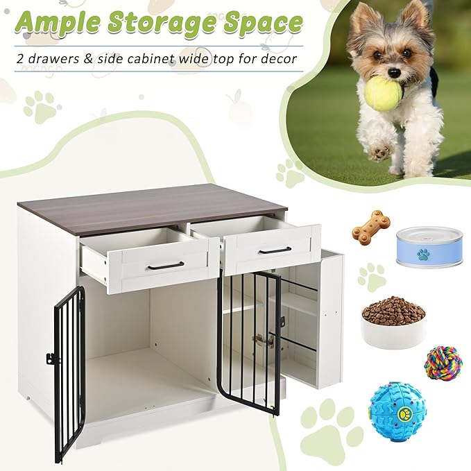Merax Farmhouse 37.4 Inch Dog Crate Furniture with Storage Cabinet & 2 Drawers, Wooden Dogs Kennel End Table with Double Doors, Indoor Dog House for Small, Medium Dogs up to 40 Lbs, Brown+White