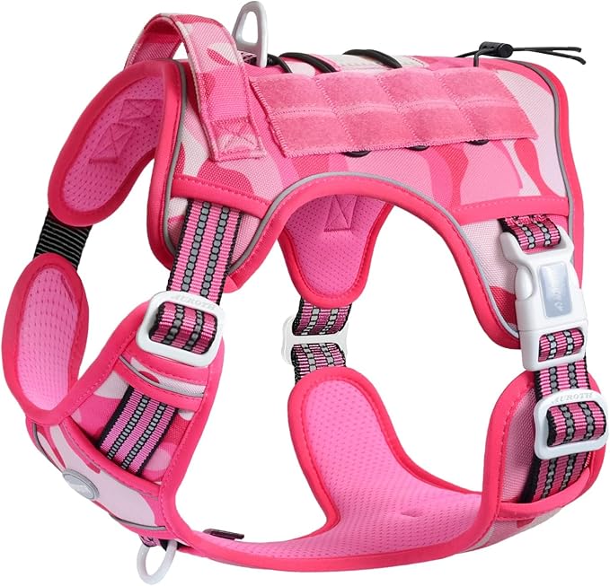 Auroth Tactical Dog Harness for Small Medium Large Dogs No Pull Adjustable Pet Harness Reflective K9 Working Training Easy Control Pet Vest Military Service Dog Harnesses Extra Large, Pink Camo