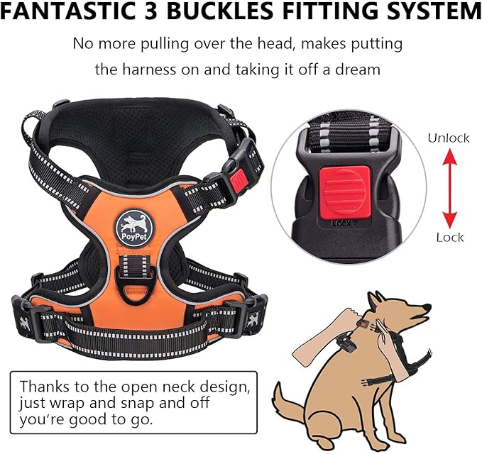 PoyPet No Pull Dog Harness, No Choke Front Clip Dog Reflective Harness, Adjustable Soft Padded Pet Vest with Easy Control Handle for Small to Large Dogs(Orange,S)