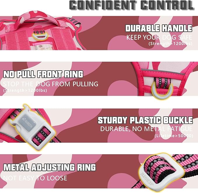 Auroth Tactical Dog Harness for Small Medium Large Dogs No Pull Adjustable Reflective K9 Working Training Easy Control Pet Vest Military Service Harnesses, Pink Camo