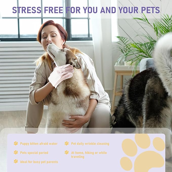 Pet Cleaning Glove Bathing Wipes for Dogs and Cats, Hypoallergenic Deodorizing No-Rinse Grooming Wipes for Paws, Body, and Butt, Perfect for Cat Dry Cleaning, Daily Care and Travel, Lavender, 8 Pcs
