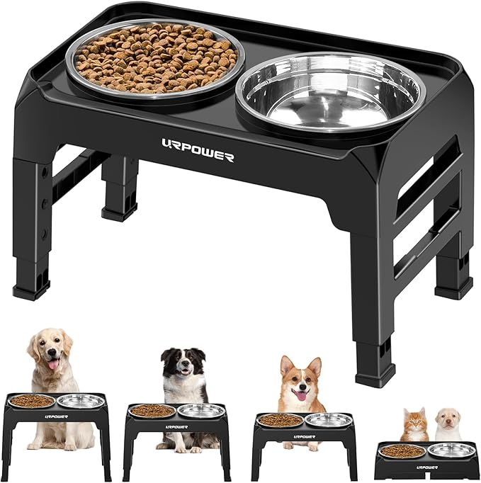 URPOWER 4 Height Adjustable Elevated Dog Bowls - 50oz Large Capacity Stainless Steel Bowls, No-Spill Edge, Non-Slip Stand for Small, Medium, Large Dogs & Pets