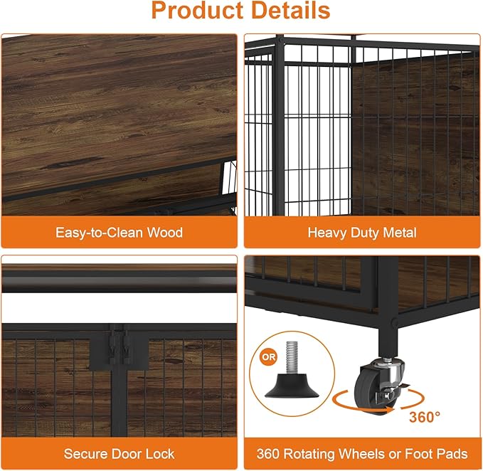 Dog Crate Furniture for Large Dogs, Wooden Dog Kennel with Double Doors, Heavy Duty End Table Dog Crate for Dogs Indoor, Rotating Wheels or Foot Pads,39.4" L x 28.3" W x 31.7" H