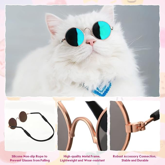 Weewooday 8 Pcs Pet Dog Cat Costume Cat Tie Collar Glasses for Small Dog Round Metal Retro Sunglasses Tie Pet Costume Tuxedo Necktie Collar Puppy Accessories Halloween Cosplay Party(Classic Colors)