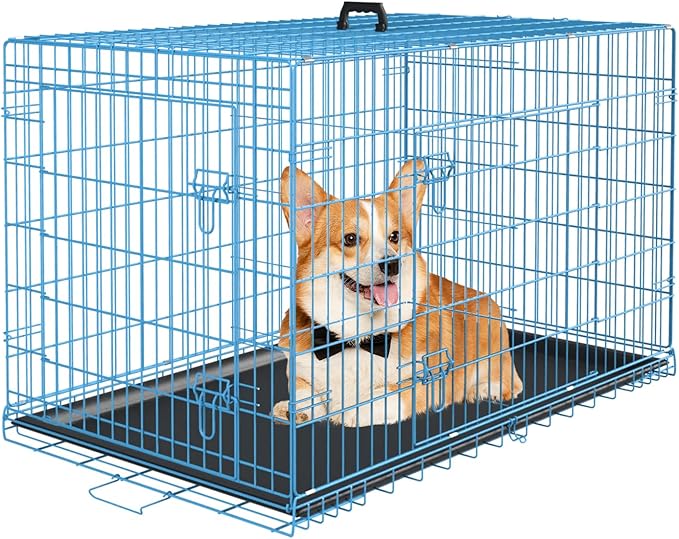 PayLessHere Large Dog Crate Kennel for Medium Large Dogs 36 inches Metal Dog Cage Double-Door Folding Travel Indoor Outdoor Puppy Playpen with Divider and Handle Plastic Tray,Blue
