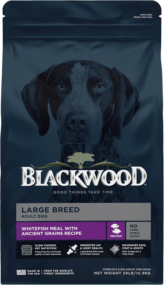 Blackwood Large Breed Dry Dog Food, Whitefish with Ancient Grains, 24 Pound Bag for Adult Dogs, Slow Cooked with Green Mussels to Promote Hip & Joint Health