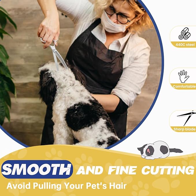 JASON 7" Curved Chunker Dog Scissors - Ergonomic Pet Scissors Silver Curved Dog Shears 440C Stainless Steel Grooming Shears Professional Pet Shears For Groomer (28-Teeth, Down-curved)