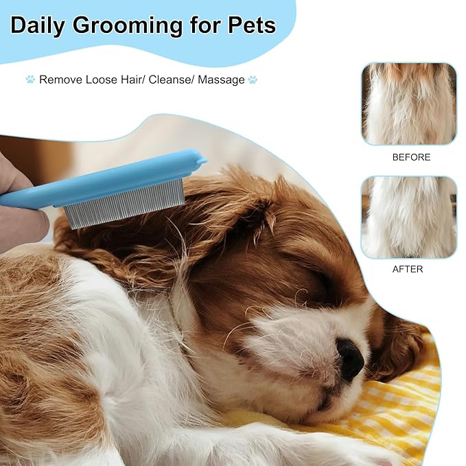 Cute Plastic Dog Comb with Stainless Steel Bristles and Furry Ears Design - Pet Grooming Tool for Removing Dirt and Tangles （Blue）