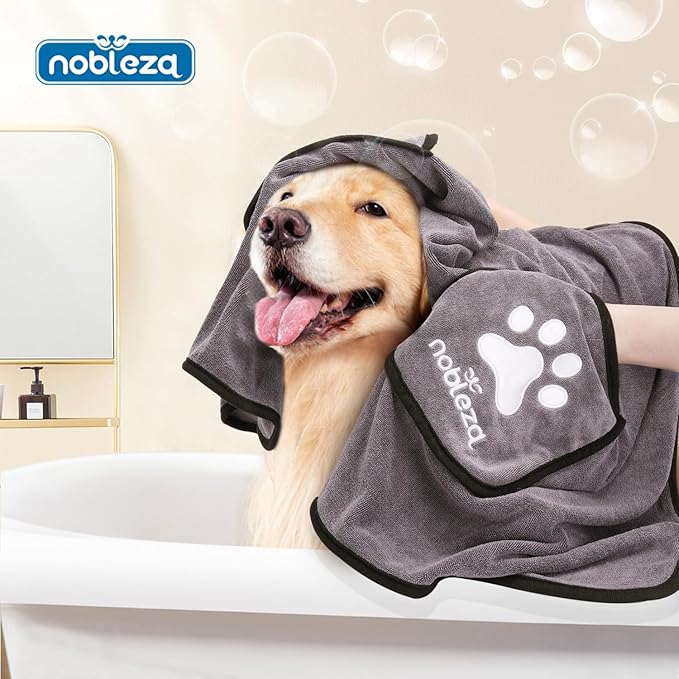 Nobleza Super Absorbent Large Dog Towels with Hand Pockets, Soft Microfiber Quick Drying Dog & Cat Bath Towel, Gray