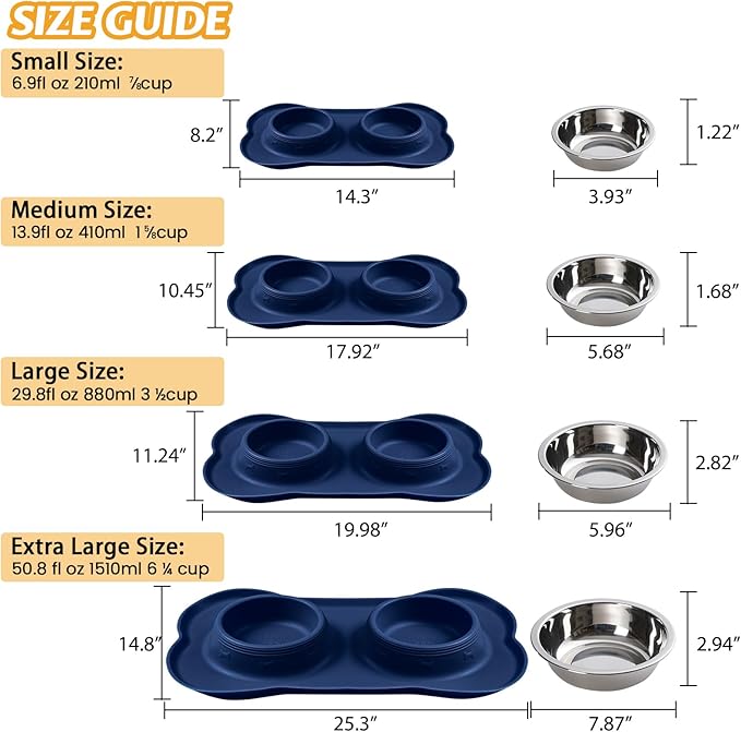Hubulk Pet Dog Bowls 2 Stainless Steel Dog Bowl with No Spill Non-Skid Silicone Mat + Pet Food Scoop Water and Food Feeder Bowls for Feeding Small Medium Large Dogs Cats Puppies (Medium, Navy Blue)