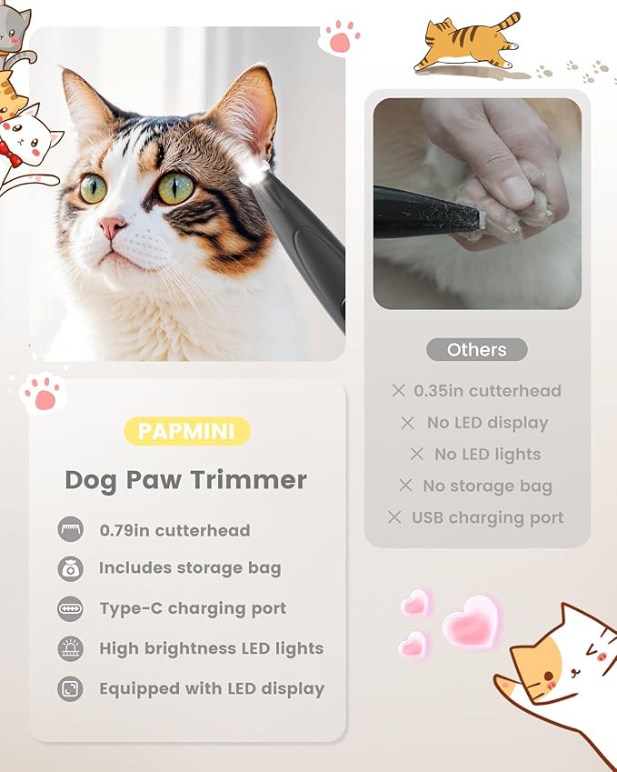 Cat Clippers with LED Display,35dB Ultra-Low Noise Cat Hair Trimmer Shaver, Cordless Dog Paw Trimmer with LED Light,Type-C Rechargeable Cat Dog Clippers for Grooming Paws, Ears, Face, Rump