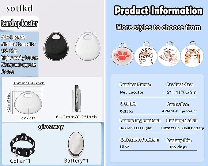 Dog Tracker-Cat Collar | MFi Certificated | No Monthly Fee | No Charging Required | Waterproof | Works with Any Collar