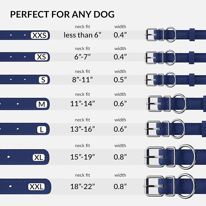CollarDirect Rolled Leather Dog Collar, Soft Padded Round Puppy Collar, Handmade Genuine Leather Collar Dog Small Large Cat Collars 13 Colors (6-7 Inch, Deep Blue Smooth)