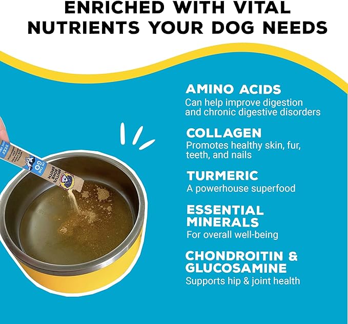 Brutus Bone Broth for Dogs - Bone Broth Powder with Chondroitin Glucosamine & Turmeric - Human Grade Dog Food Toppers for Dry Food & Picky Eaters - 5 Stick (Beef)