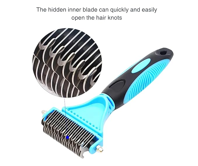 3-in-1 Pet Grooming Set - Self-Cleaning Slicker Brush, Deshedding Rake Comb, and Finger Toothbrush for Dogs & Cats | Perfect for Grooming, Dematting, and Dental Care (blue)