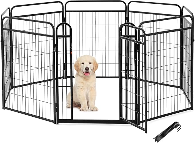 Dog Play Pen Indoors - 8 Panels 32" Playpens Indoor Safety Design Without Stakes, Threshold Free Door Ease to Access, Portable Fence Ground Anchors for Outdoor, Yard and RV Camping
