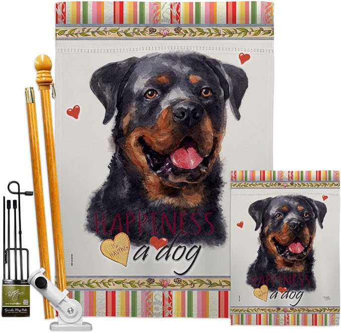 Breeze Decor Rottweiler Happiness Garden House Flag Kit Dog Puppy Spoiled Paw Canine Fur Pet Nature Farm Animal Creature Decoration Banner Small Yard Gift Double-Sided, Made in USA