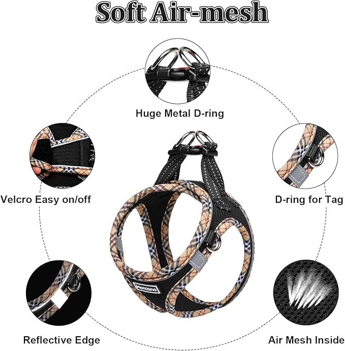 Mercano Soft Mesh Dog Harness and Leash Set, No-Chock Step-in Reflective Breathable Lightweight Easy Walk Escape Proof Vest Harnesses with Safety Buckle for Small Medium Dogs, Cats (Black Yellow, L)