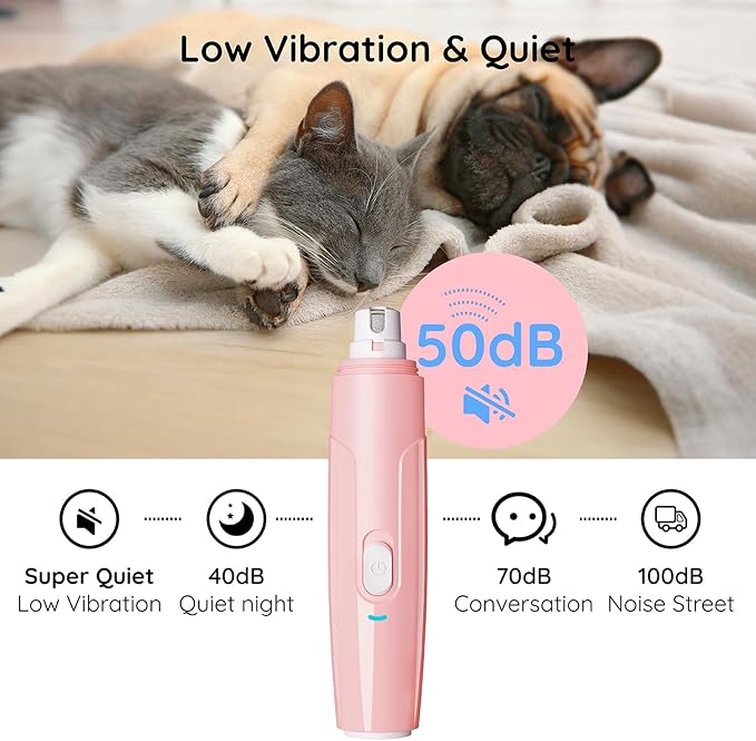 Bonve Pet Nail Grinder for Dogs - Upgraded Dog Nail Trimmers Super Quiet, 2 Speeds, Rechargeable, 2 Grinding Wheels for Small Large Dogs & Cats (Pink)