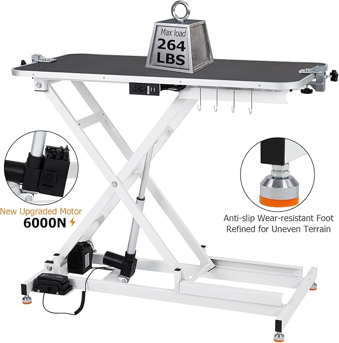 GAOMON Electric Dog Grooming Table, Height Adjustable (9.4"-39.4") Heavy Duty Pet Grooming Table w/Leveling Wheels, X Lift, Anti Slip Tabletop & Tool Organizer/Dog Grooming Station, 47"/White