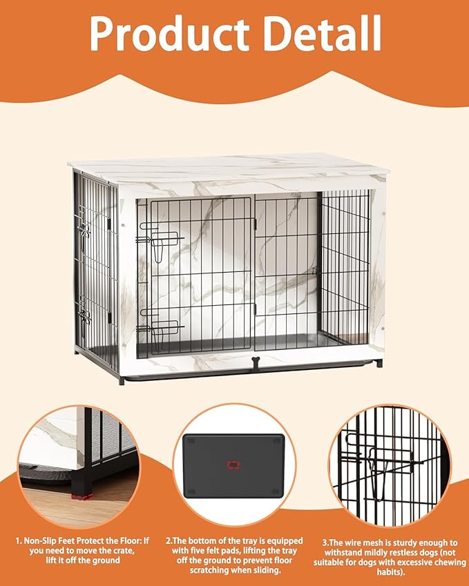 Megidok Wooden Dog Crate Furniture with Cushion, Dog Crate End Table with Tray, Double Doors Dog Crate Furniture Style, Decorative Dog Kennels Indoor for Small to Medium Dog-Marble White, 32*22*26.5