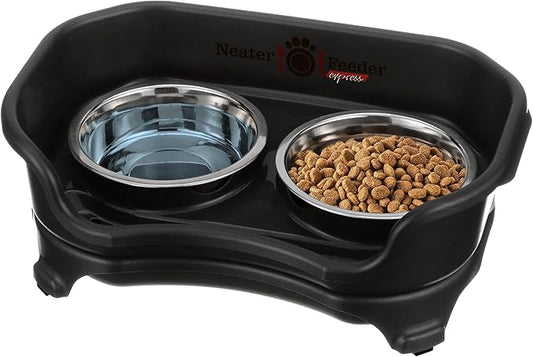 Neater Feeder Express Mess Proof Cat Bowls Elevated, No Spill Feeding Station, Stainless Steel Dishes for Food and Water, Raised Bowls for Indoor Cats, No Fatigue Whisker Friendly Dish, Black