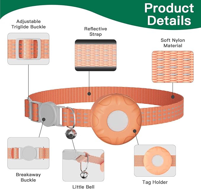 Cat Tracker Collar,No Monthly Fee Tracking Pet Collar with Finder Tag,Compatible with Apple Find My(iOS Only),Breakaway Tractive Design with Reflective Pattern & Bell,Orange