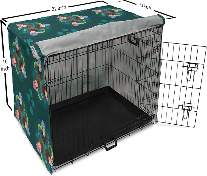 Lunarable Mermaid Dog Crate Cover, Smiling Happy Cheerful Mermaids with Seashells Scallops Exotic Waters Spirals, Easy to Use Pet Kennel Cover for Small Dogs Puppies Kittens, 22 Inch, Teal Multicolor