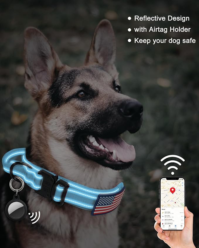 AUBELL Tactical Dog Collar and Leash Set, Adjustable Military Nylon Reflective Dog Leash and Collar with Handle and Heavy Metal Buckle for Medium Large Dogs, with Airtag Holder and 2 Patches(Blue, XL)