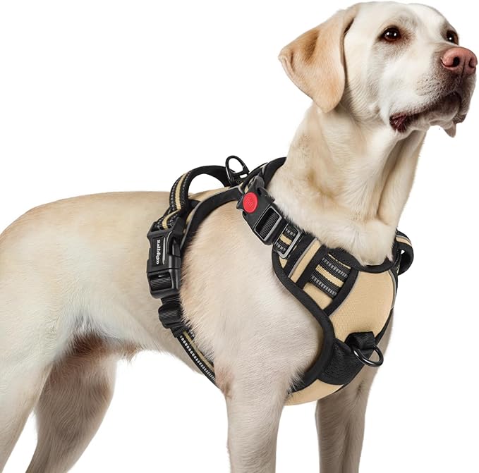rabbitgoo Dog Harness for Large, No Pull Pet Harness with 3 Buckles, Adjustable Soft Padded Dog Vest with Instant Control Handle, Easy Walking Reflective Pet Vest for Large Dogs, Beige, L